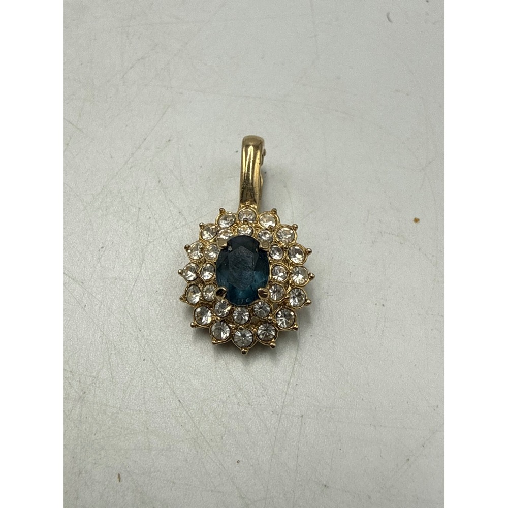 Vintage Gold Tone Blue Faux Sapphire Clear Crystal Halo Enhancer Pendant